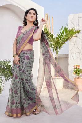 Dusty green kota doria/polyester floral print golden zari border saree with unstitched blouse piece 2