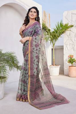 Dusty green kota doria/polyester floral print golden zari border saree with unstitched blouse piece 3