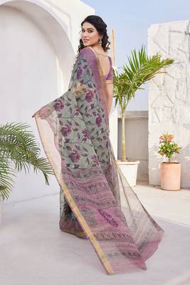 Dusty green kota doria/polyester floral print golden zari border saree with unstitched blouse piece 4
