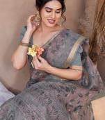 Dusty rose pink kota doria/polyester floral print golden zari border saree with unstitched blouse piece