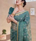 Teal kota doria/polyester floral print golden zari border saree with unstitched blouse piece