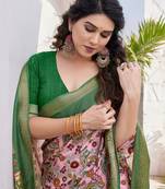 Light Pink Silk Blend Floral Print/Kalamkari Print Golden Zari Woven Border/Tassels Saree With Unstitched Blouse Piece