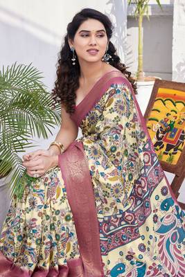 Cream Silk Blend Floral Print/Kalamkari Print Golden Zari Woven Border/Tassels Saree With Unstitched Blouse Piece 1