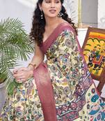 Cream Silk Blend Floral Print/Kalamkari Print Golden Zari Woven Border/Tassels Saree With Unstitched Blouse Piece
