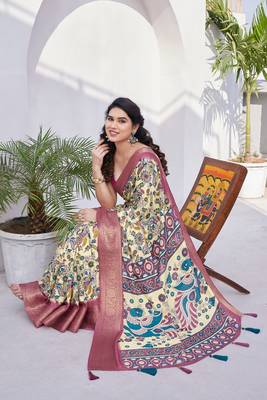 Cream Silk Blend Floral Print/Kalamkari Print Golden Zari Woven Border/Tassels Saree With Unstitched Blouse Piece 2