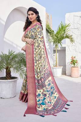Cream Silk Blend Floral Print/Kalamkari Print Golden Zari Woven Border/Tassels Saree With Unstitched Blouse Piece 3