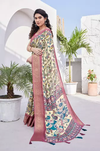 Cream Silk Blend Floral Print/Kalamkari Print Golden Zari Woven Border/Tassels Saree With Unstitched Blouse Piece
