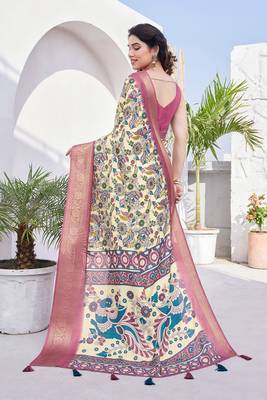 Cream Silk Blend Floral Print/Kalamkari Print Golden Zari Woven Border/Tassels Saree With Unstitched Blouse Piece 4