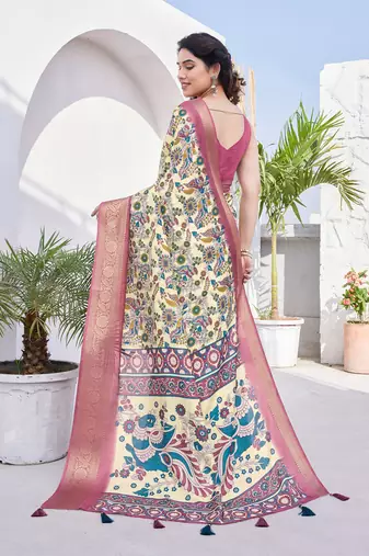 Cream Silk Blend Floral Print/Kalamkari Print Golden Zari Woven Border/Tassels Saree With Unstitched Blouse Piece