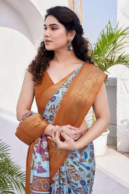 Light Blue Silk Blend Floral Print/Kalamkari Print Golden Zari Woven Border/Tassels Saree With Unstitched Blouse Piece 1