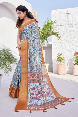 Light Blue Silk Blend Floral Print/Kalamkari Print Golden Zari Woven Border/Tassels Saree With Unstitched Blouse Piece 3