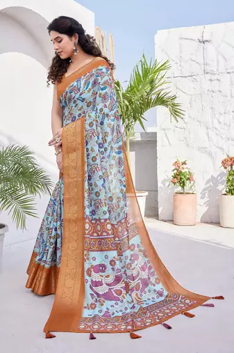 Light Blue Silk Blend Floral Print/Kalamkari Print Golden Zari Woven Border/Tassels Saree With Unstitched Blouse Piece