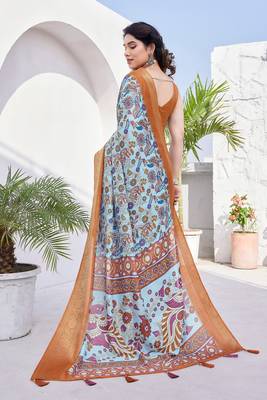 Light Blue Silk Blend Floral Print/Kalamkari Print Golden Zari Woven Border/Tassels Saree With Unstitched Blouse Piece 4