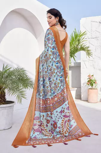 Light Blue Silk Blend Floral Print/Kalamkari Print Golden Zari Woven Border/Tassels Saree With Unstitched Blouse Piece