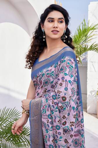 Light purple silk blend floral print/kalamkari print golden zari woven border/tassels saree with unstitched blouse piece