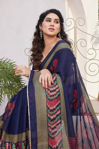 Navy Blue Chiffon Floral Print/Zari Work Sequinns Lace Saree With Unstitched Blouse Piece