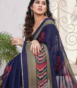 Navy Blue Chiffon Floral Print/Zari Work Sequinns Lace Saree With Unstitched Blouse Piece