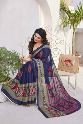 Navy Blue Chiffon Floral Print/Zari Work Sequinns Lace Saree With Unstitched Blouse Piece 2
