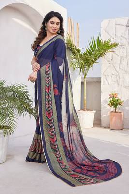 Navy Blue Chiffon Floral Print/Zari Work Sequinns Lace Saree With Unstitched Blouse Piece 3