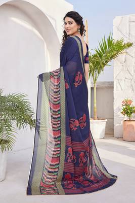 Navy Blue Chiffon Floral Print/Zari Work Sequinns Lace Saree With Unstitched Blouse Piece 4
