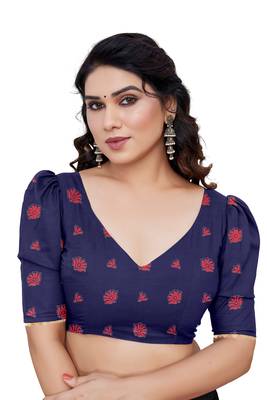 Navy Blue Chiffon Floral Print/Zari Work Sequinns Lace Saree With Unstitched Blouse Piece 5