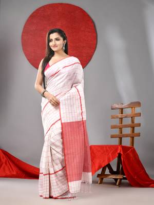 White cotton soft saree with checked box designs 1