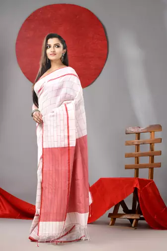 White cotton soft saree with checked box designs