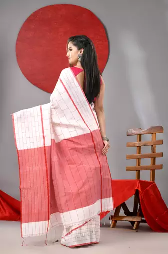 White cotton soft saree with checked box designs