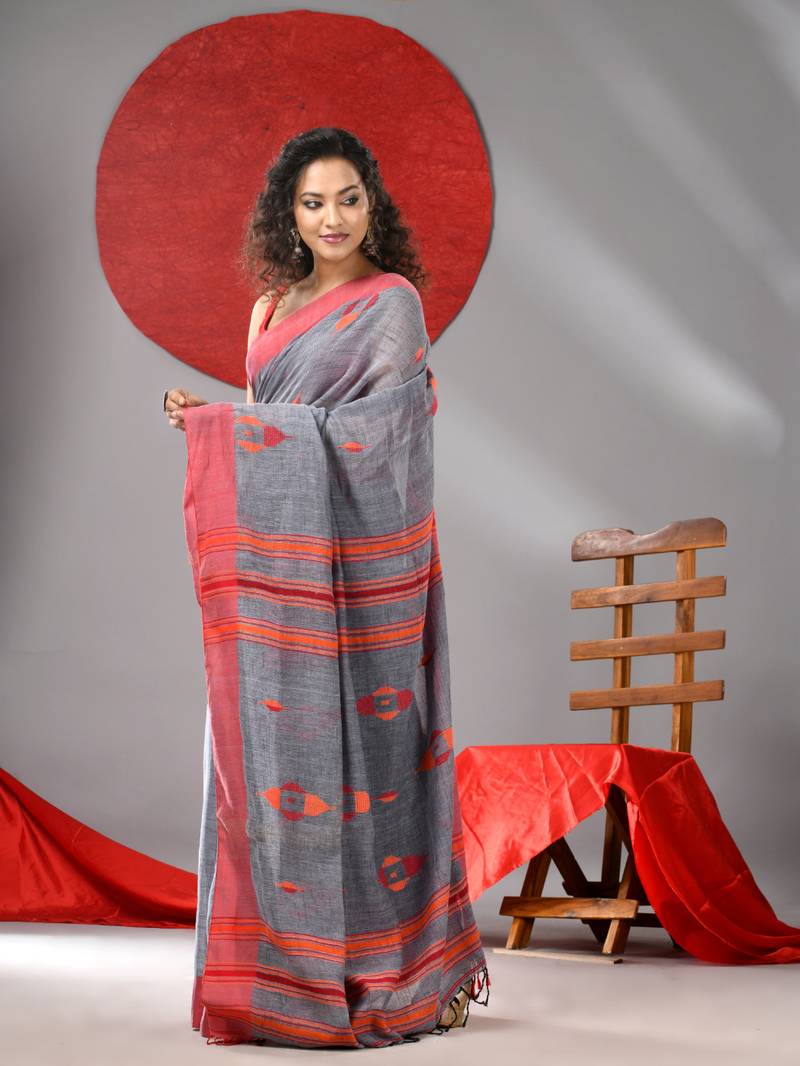 Grey linen saree with woven designs - Arhi - 4322880