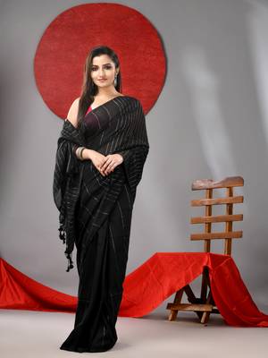 Black cotton soft saree with stripes designs 1