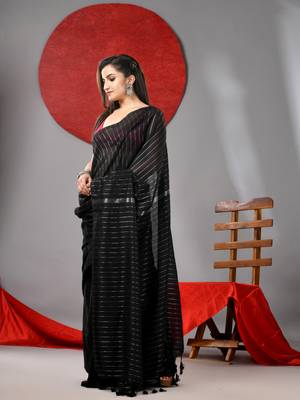 Black cotton soft saree with stripes designs 2