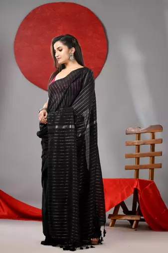Black cotton soft saree with stripes designs