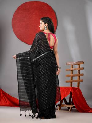 Black cotton soft saree with stripes designs 3