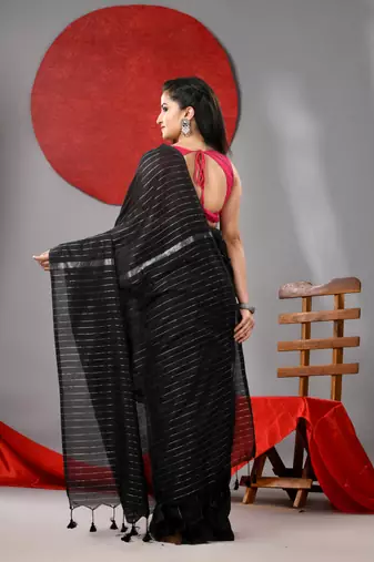 Black cotton soft saree with stripes designs