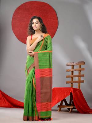 Parrot green cotton blend soft saree with kantha style 1