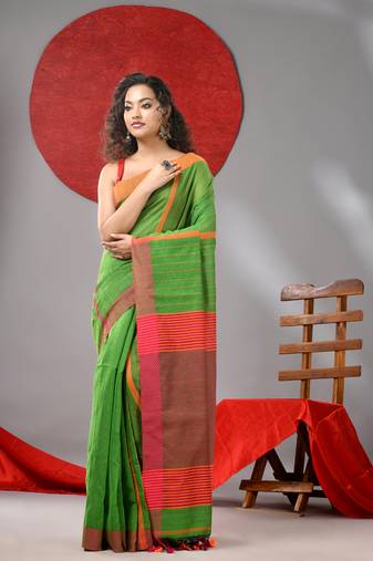 Parrot green cotton blend soft saree with kantha style