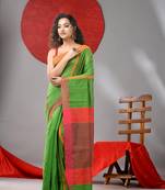 Parrot green cotton blend soft saree with kantha style