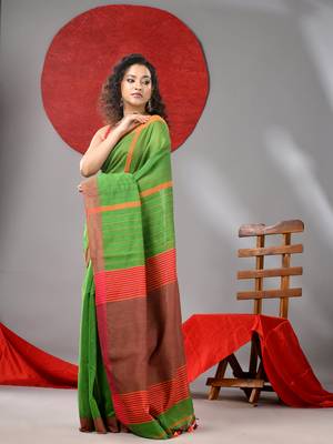 Parrot green cotton blend soft saree with kantha style 2