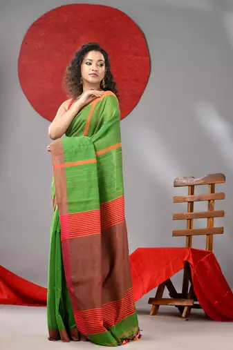 Parrot green cotton blend soft saree with kantha style