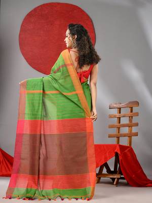 Parrot green cotton blend soft saree with kantha style 3