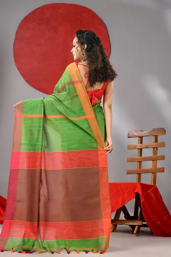 Parrot green cotton blend soft saree with kantha style