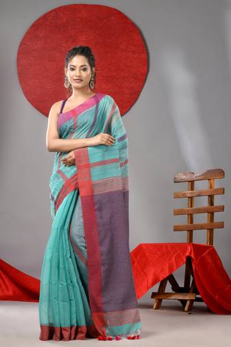 Sea green cotton blend soft saree with kantha style