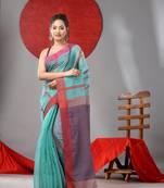 Sea green cotton blend soft saree with kantha style