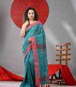 Teal linen saree with woven designs