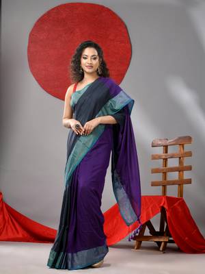 Grey and purple half & half cotton soft saree with zari border 1