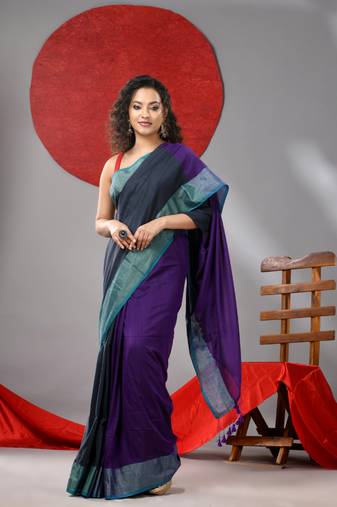 Grey and purple half & half cotton soft saree with zari border