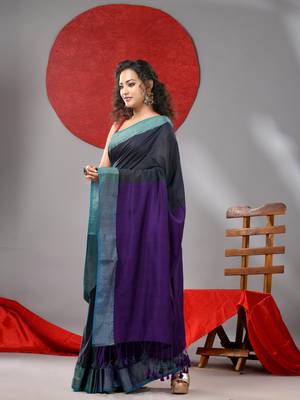 Grey and purple half & half cotton soft saree with zari border 2
