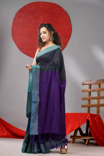 Grey and purple half & half cotton soft saree with zari border