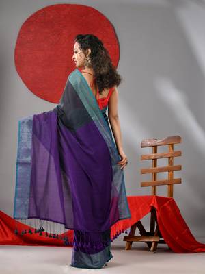Grey and purple half & half cotton soft saree with zari border 3