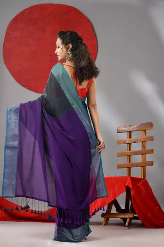 Grey and purple half & half cotton soft saree with zari border